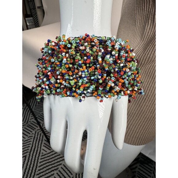 Multicolor Beaded Cuff Bracelet Handmade Elastic Boho Style Elastic Statement Je - Picture 6 of 16